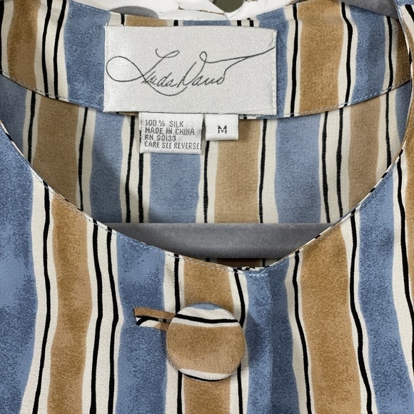 Linda David 100% Silk Stripe Tunic Blue Tan Medium - Picture 3 of 7